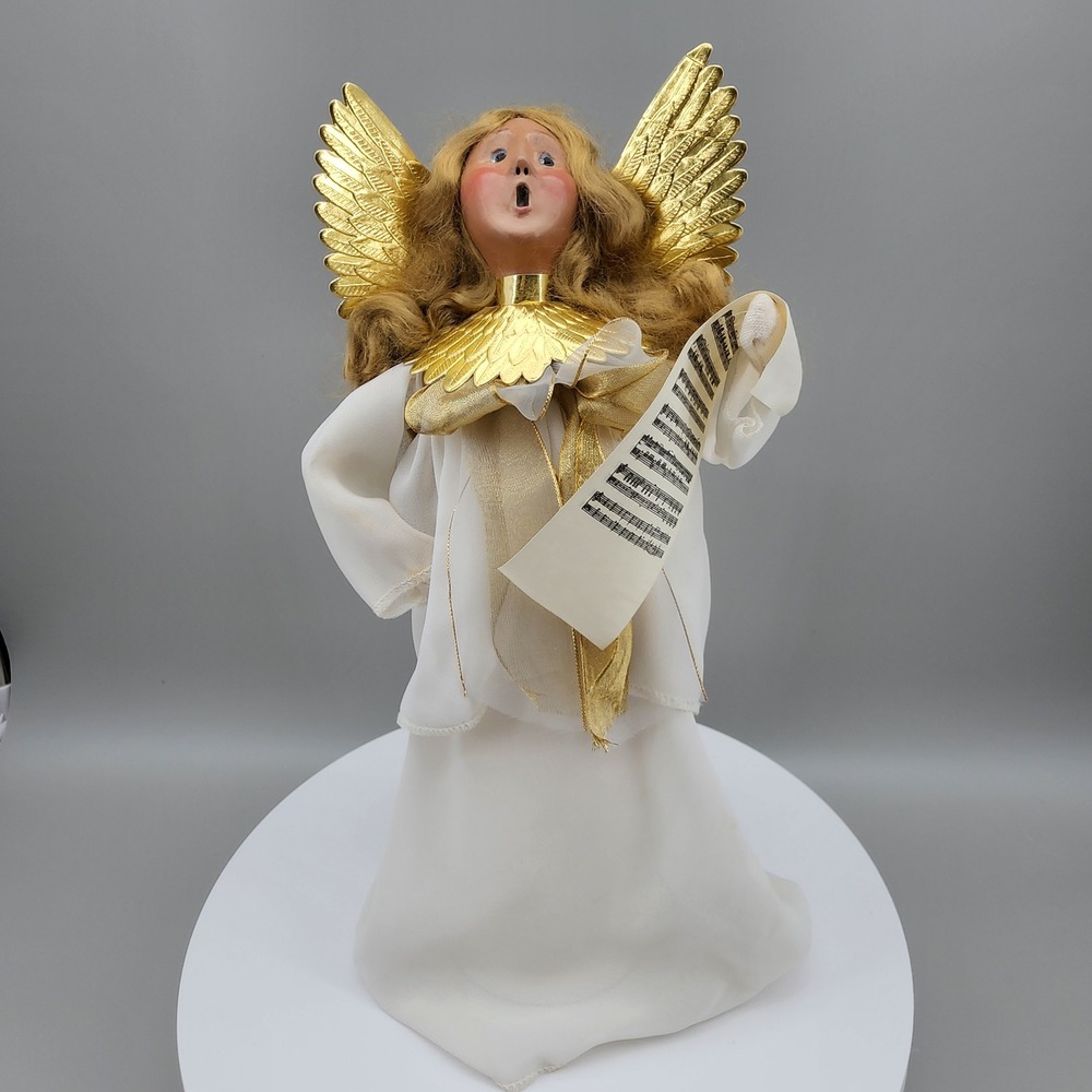 Angel Tree Topper Christmas Decor White Gold Singing Wings Sheet Music Vintage